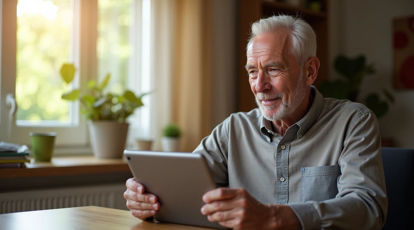Adult using secure online banking app on tablet in comfortable home environment